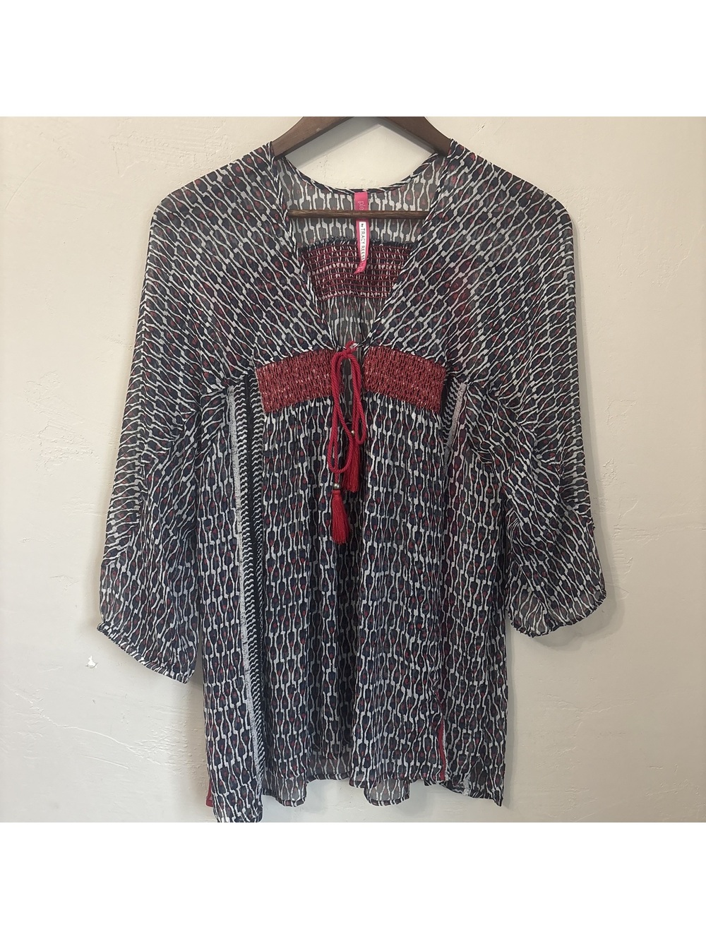 Plenty by Tracy Reese Silk Sheer Boho Tassel Smocked Peasant Blouse Top Medium
